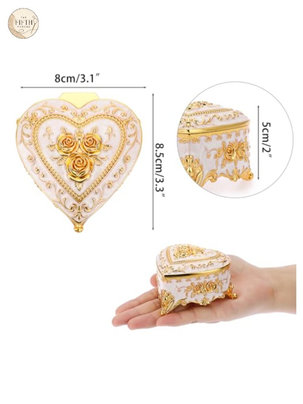 Vintage Heart Shaped Jewelry Box Zinc Alloy Rose Pattern Trinket Organizer - Picture 3 of 6